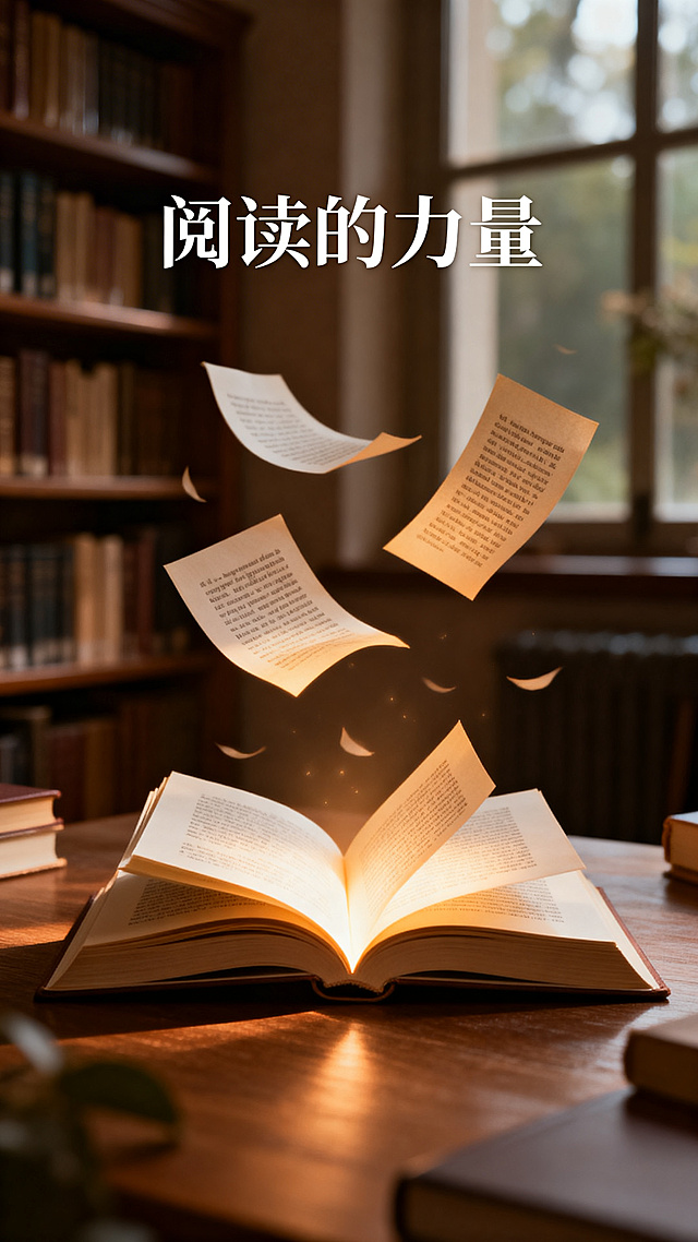 世界读书日宣传海报，温暖安静的书房场景，摊开的书本溢出柔和光芒，空气中漂浮着书页文字，整体文艺清新风格，顶部有艺术字标题'阅读的力量'，暖棕色调，氛围感十足，竖版构图