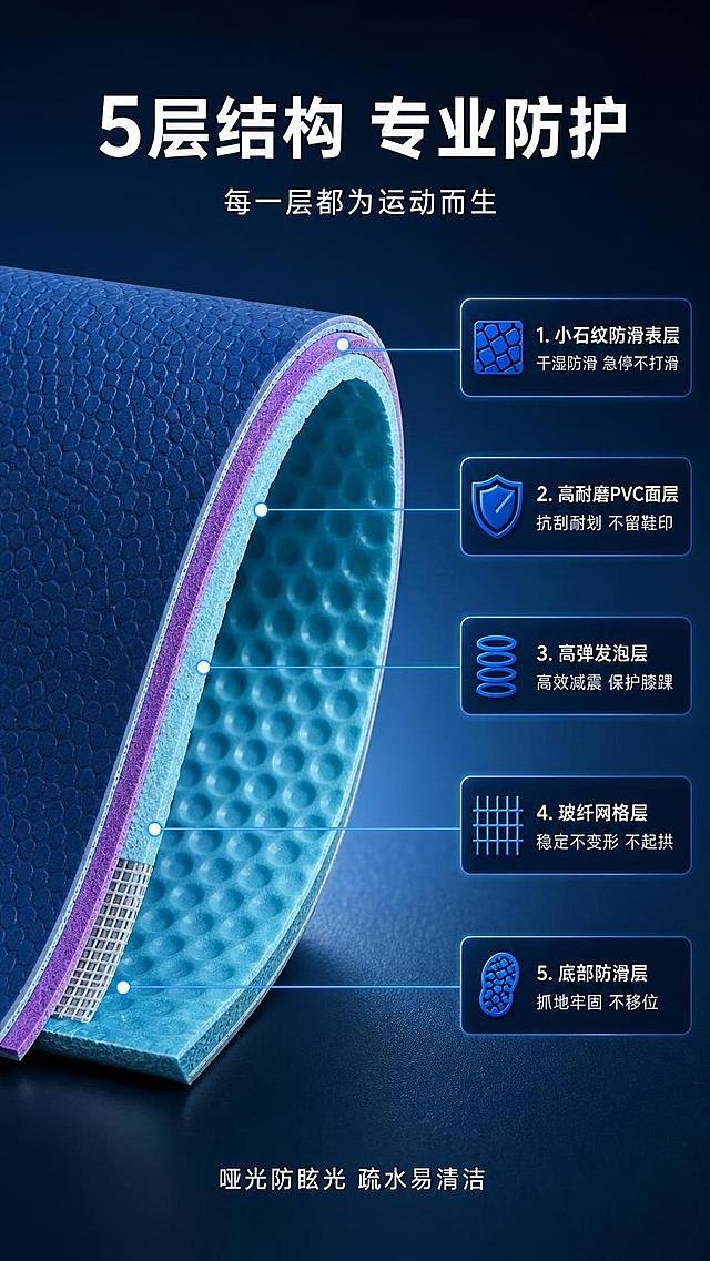 [主图-2] 贝诺体育小石纹运动地胶核心功能结构图，展示地胶剖面分层结构，突出表层性能与运动防护两大核心卖点。
[氛围风格] 科技建材风，专业严谨，结构清晰，信息可视化。
[画质] 商业产品摄影质感，结构剖面精细真实，材质层次分明，画面干净高级。
[元素] 画面中心为一块卷起的运动地胶剖面特写，清晰展示多层结构：最外层深灰蓝色小石纹防滑表层、高耐磨PVC面层、紫色缓冲层、青蓝色高弹发泡层、玻纤网格层、底部防滑层。每层结构厚度比例真实，材质质感区分明确。地胶卷曲形态自然，剖面边缘整齐，小石纹表面纹理清晰可见。**保持地胶产品外观（即小石纹纹理、颜色、分层结构、材质质感）与输入产品图一致，杜绝任何变形和色差，精细化处理每层材质质感**。产品主体占比约60%，位于画面中下部。
[光影] 左侧45度主光打亮地胶剖面，每层结构有清晰的明暗交界线，材质质感突出；右侧柔光补光减少暗部死黑；整体光线干净利落，科技感强。
[配色] 主色调深灰蓝（地胶表层）；辅色青蓝色（发泡层）、紫色（缓冲层）、白色（文字）；强调色亮蓝色（功能图标、引线）。
[视角构图] 平视略微偏俯视角度，地胶剖面朝向观众，位于画面中下区域；上方预留文案空间，四周环绕功能标注。
[文字版式] 顶部居中大标题，白色粗体大字："5层结构 专业防护"；下方小字副标题："每一层都为运动而生"。从地胶各层引出细线连接右侧功能说明卡片，共5个圆角矩形卡片，从上到下依次对应：1.小石纹防滑表层 "干湿防滑 急停不打滑"；2.高耐磨PVC面层 "抗刮耐划 不留鞋印"；3.高弹发泡层 "高效减震 保护膝踝"；4.玻纤网格层 "稳定不变形 不起拱"；5.底部防滑层 "抓地牢固 不移位"。每个卡片左侧有对应小图标，文字左对齐，白字配深蓝卡片底。底部小字标注："哑光防眩光 疏水易清洁"。
[输出要求] 9:16竖版比例，文字清晰可辨，超高清商业摄影质感。
[负向提示词] 变形，文字错乱，产品图模糊，背景杂乱，水印，电商平台Logo，结构层次不清，材质混淆，人物面部扭曲，多余的手。