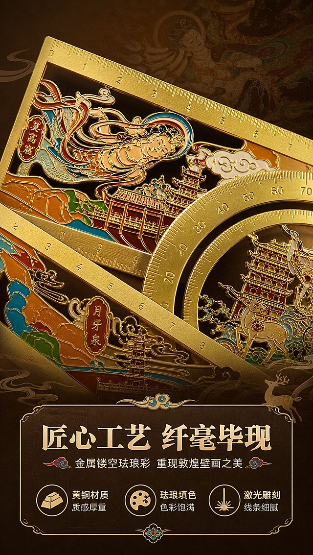 [商品] 使用【图1】直尺与量角器局部；保留金属金色尺边、敦煌彩色珐琅图案、镂空雕刻细节、刻度线与数字；商品处理：微距放大尺面图案细节，增强金属边缘立体感与珐琅彩的色彩通透度，清晰呈现飞天/九色鹿/莫高窟建筑线条。
[画面] 目标：细节工艺展示，突出金属镂空与敦煌纹样的精致做工。构图：上下结构，上方2/3为尺面微距特写（直尺+量角器局部交叠），产品占画面70%；下方1/3为文字信息区；背景为深棕渐变+微弱敦煌纹样暗纹，突出金属金色光泽。
[视觉] 套系策略：风格=国潮敦煌风商业摄影+文创插画融合；标题字=国风宋体粗体（带衬线、厚重）；正文字=现代无衬线中黑体；主色=敦煌土金色+赭石暖棕；背景延展=基于敦煌壁画色系做渐变晕染、肌理纸张质感、祥云/飘带/九色鹿剪影装饰；强调色=石青蓝+朱砂红，仅用于小面积图标、引线、标签和装饰纹样；标题色=深赭石棕；正文色=暖棕灰；组件=圆角金边信息卡、敦煌纹样分割线、云纹图标；光影=侧上方暖金硬光，金属边缘形成锐利高光，珐琅彩图案色彩饱满。
[文字] 底部文字区主标题「匠心工艺 纤毫毕现」，副标题「金属镂空珐琅彩 重现敦煌壁画之美」；配3个工艺卖点：「黄铜材质 质感厚重」「珐琅填色 色彩饱满」「激光雕刻 线条细腻」；文字横向排版，字号清晰可读。
[规格] 图片比例9:16竖版，4K分辨率，负向提示：避免变形、错字、文字过小、冷蓝灰背景、颜色失真、模糊、塑料感、水印、二维码。