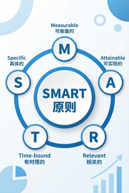 将SMART原则思维导图优化为小红书笔记配图，保留所有文字信息，蓝白配色，干净简约商务风，画面清晰，适合手机阅读预览效果