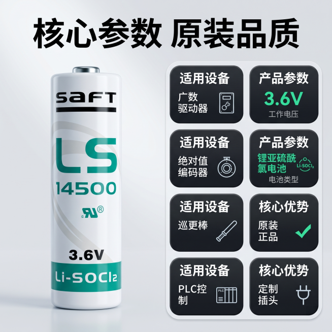 [主图 2] LS14500锂电池核心参数亮点展示
[氛围风格] 3C数码工业科技风，专业高级
[画质] 商业摄影质感，光线柔和通透，产品清晰真实，画面干净高级
[元素] 左侧展示完整SAFT LS1预览效果