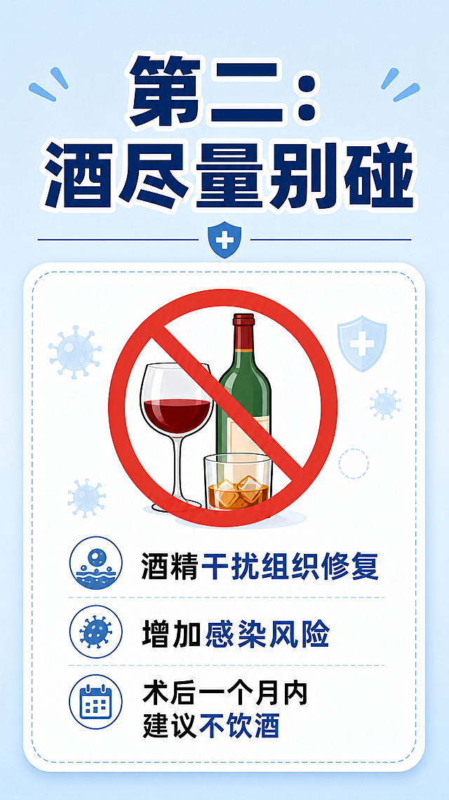 简约医疗科普信息图，顶部大字标题写着"第二：酒尽量别碰"，下方配文字说明"酒精干扰组织修复，增加感染风险，术后一个月内建议不饮酒"。浅蓝背景，干净整洁，文字清晰醒目，9:16竖版。