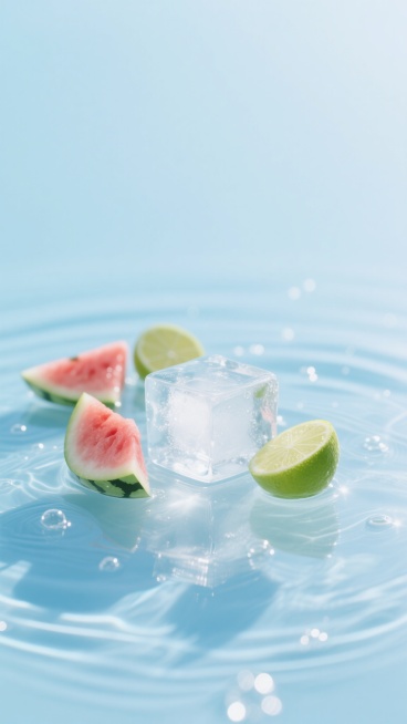 夏天背景，极简风格，大面积留白，纯净透明的冰块与几片新鲜的西瓜薄瓣、青柠片在浅蓝色调的水中轻轻漂浮，水面泛着柔和的波纹，阳光透过冰块折射出细碎的光斑，气泡点缀其间，整体色调清新明快，营造出凉爽、通透、宁静的夏日氛围，画面简洁干净，视觉焦点突出，留白部分增强空间感和呼吸感。预览效果
