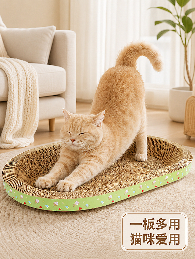 [主图-5] 椭圆形猫抓板体验总结信任收口
[氛围风格] 生活化真实体验风
[画质] 商业摄影质感、光线柔和通透、产品清晰真实、画面干净高级
[元素] 保持猫抓板外观结构材质与原图一致，无变形色差。画面主体为猫咪自在地在猫抓板上磨爪玩耍，神态放松愉悦，背景是干净的浅客厅场景，营造安心养猫氛围。右下角放置一个圆角小标签，强调"一板多用 猫咪爱用"。产品和猫咪主体突出，画面干净不杂乱。
[光影] 柔和自然的客厅光线，猫咪毛发和猫抓板纹理都清晰自然，氛围温馨
[配色] 保持全套浅暖色调统一，浅绿包边点缀，视觉和谐
[视角构图] 中心主体构图，猫咪和猫抓板共同构成视觉焦点，情绪感染力强
[文字版式] 右下角圆角浅色标签深棕色文字，简洁不抢主体，点出核心体验
[比例分辨率] 3:4比例，4K分辨率，文字清晰可辨，超高清
[负向提示词] 变形，水印，文字错乱，产品图模糊，背景杂乱