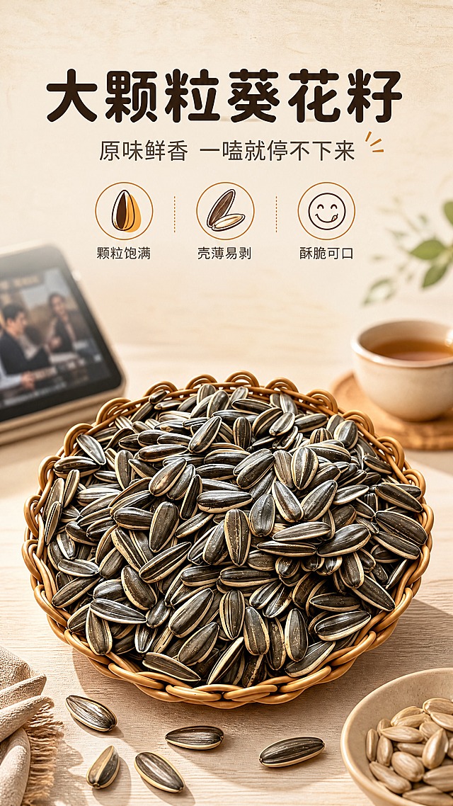 [商品] 使用【图1】原味葵花籽；保留瓜子黑底白边条纹外壳、长卵形颗粒形态、自然色泽与真实纹理，颗粒大小均匀饱满，不改变外形结构与颜色。
[画面] 页面目标：食欲氛围头图，突出大颗粒葵花籽的饱满鲜香与追剧零食属性。构图：上文下图，上方约35%区域为标题文案区，下方约65%为产品主体区；产品占画面约60%，以编织篮盛放的满满葵花籽为视觉中心，前景散落几粒瓜子与一小撮剥好的果仁，背景为暖调浅米色桌面与虚化的追剧场景元素（平板、茶杯），形成前中后3层景深，营造温馨治愈的零食氛围。
[视觉] 套系策略：风格=自然质朴食品商业摄影风；标题字=圆润粗黑体；正文字=简洁无衬线体；主色=暖棕米杏；背景延展=基于暖棕米杏做深浅层级、同色渐变和细腻纸张/木纹质感；强调色=焦糖橙，仅用于小面积图标、引线和标签；标题色=深棕褐；正文色=中暖灰；组件=圆角浅底信息卡、细线引线、圆形卖点icon；光影=左前侧暖柔光，自然柔和阴影。
[文字] 主标题「大颗粒葵花籽」，副标题「原味鲜香 一嗑就停不下来」，下方配3个圆形卖点icon：颗粒饱满、壳薄易剥、酥脆可口；文字位于画面上方留白区，横向排版，不遮挡瓜子主体。
[规格] 图片比例9:16竖版，4K分辨率，负向提示：避免变形、错字、文字过小、冷蓝/蓝灰背景、瓜子颜色改变、颗粒失真、出现平台Logo水印。