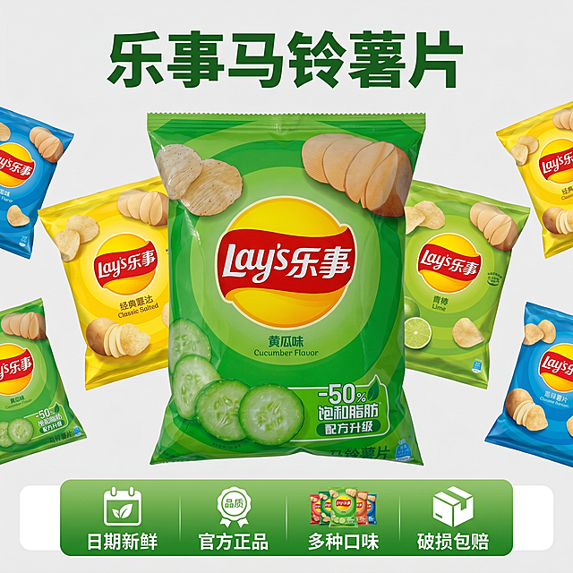 [主图-5] 乐事黄瓜味薯片SKU服务承诺图。
[氛围风格] 简洁直观，清晰可信，转化导向；
[画质] 商业摄影清晰干净，信息呈现清晰。
[元素] 完整的乐事黄瓜味薯片包装袋居中展示，保持产品外观颜色完全与原图一致。周围搭配小尺寸展示其他常见口味薯片包装做品类暗示，主体产品更大更突出。画面底部设置半透明绿色悬浮条，两端留空，横向排列四项服务承诺，每项搭配简单图标+文字：图标一文字「日期新鲜」，图标二文字「官方正品」，图标三文字「多种口味」，图标四文字「破损包赔」。
[光影] 均匀柔和影棚布光，产品清晰明亮，无明显硬阴影。
[配色] 背景为干净浅灰色，主体绿色包装突出醒目，底部绿色悬浮条搭配白色文字对比清晰。
[视角构图] 居中对称构图，产品主体完整，比例适中。
[文字版式] 顶部大字写"乐事马铃薯片"，深绿色粗体。底部悬浮条内图标加文字均匀分布，白色小字清晰易读。
[比例分辨率] 1:1 比例，2k分辨率，超高清，文字清晰可辨。
[负向提示词] 变形，水印，文字错乱，产品图模糊，背景杂乱。