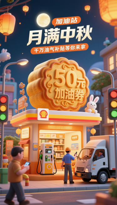 以中秋为主题，主体是巨型月饼造型的“加油站”，月饼上写着“50元加油券”，内部有商店，加油机，油枪，加油机旁边有工人在给货车加油，司机在旁边休息看手机。标题文字“月满中秋”，副标题“千万油气补贴等你来预览效果