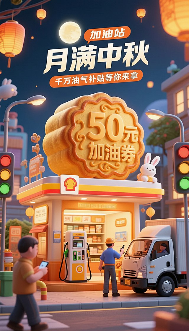 以中秋为主题，主体是巨型月饼造型的 “加油站”，月饼上写着“50元加油券”,内部有商店，加油机，油枪，加油机旁边有工人在给货车加油，司机在旁边休息看手机。标题文字“月满中秋”，副标题“千万油气补贴等你来拿”，场景设定为充满节日氛围的街道，有交通信号灯等元素。风格为 3D 卡通国潮风，色调以暖橙色为主，搭配月饼的金黄与加油站元素。采用竖版构图，视角为平视，突出场景的立体感与热闹感，细节上要体现月饼的