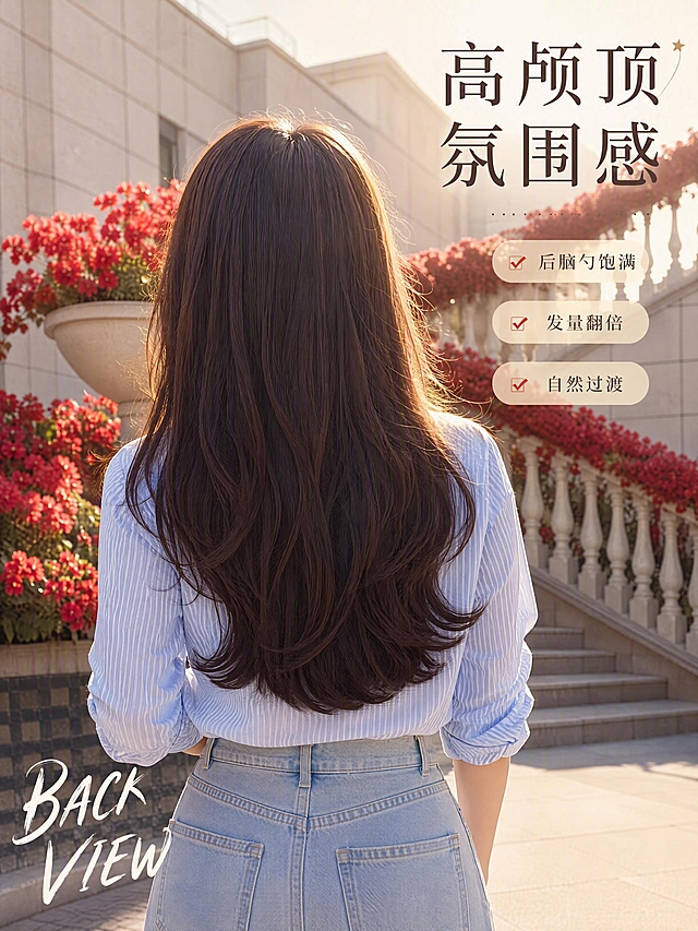 [第7张] 佩戴效果背面/侧面页 - 整体发量与蓬松弧度展示。本张使用【图8】作为背面佩戴效果参考。
[氛围/风格] 氛围感背影杀，暖调阳光，突出后脑勺饱满度与发量增加效果。
[元素布局] 模特背对镜头，站在户外花园台阶前，占比约70%；长发自然垂落，后脑勺蓬松饱满，呈现完美头型弧度，发量浓密有光泽；身穿浅蓝条纹衬衫+牛仔裤，背景为红色花卉与白色石材建筑，阳光从侧后方照射形成发丝金边；补发片增加的发量与蓬松度自然过渡，无明显衔接痕迹。
[光影质感] 侧逆阳光，发丝边缘金色轮廓光，整体温暖有氛围感，背影有故事感。
[配色色系] 全局底色 #FFFAF0 暖白；主色深棕黑发色；辅助色浅蓝衬衫、牛仔蓝、花卉红、石材灰。
[视角构图] 背面全身/大半身，人物居中偏左，视线从头顶蓬松弧度 → 整体发量 → 背景氛围。
[文字版式] 右上主标题「高颅顶 氛围感」纤细宋体；下方卖点标签：「后脑勺饱满」「发量翻倍」「自然过渡」；左下角手写体英文「BACK VIEW」；文字不遮挡发丝主体。
[比例分辨率] 3:4 竖版比例，width 1152，height 1536，4K分辨率，文字清晰可辨。
[负向提示词] 补发片衔接明显，发量不自然，模特身材变形，水印，文字错乱，发色偏差。