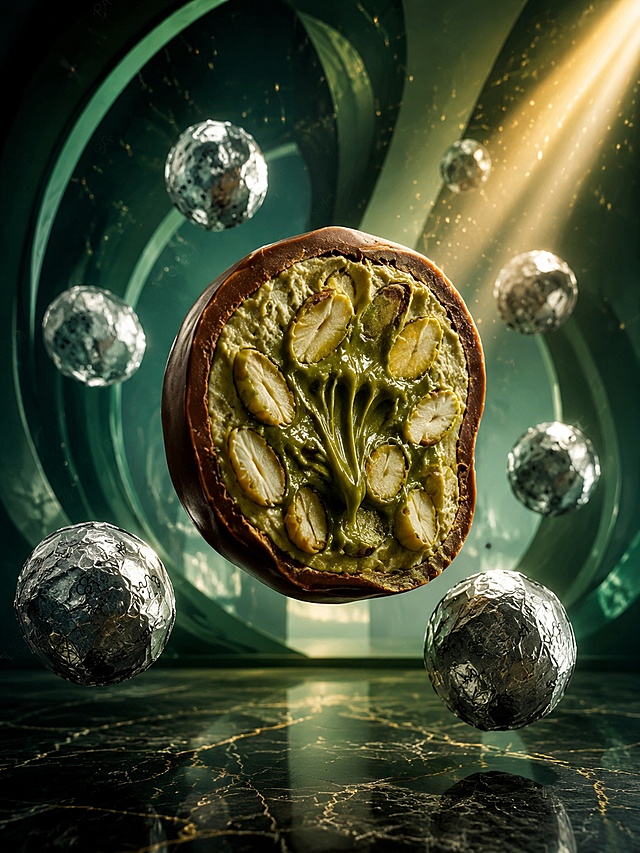 顶级奢侈品巧克力广告大片，主体为Patchi迪拜开心果巧克力。画面采用极具冲击力的低角度仰拍视角，一颗被纵向切开的巨型巧克力球悬浮在画面正中央，占据视觉主导。切面细节极致丰富：深棕色巧克力外壳边缘微微融化泛着光泽，中间层是绵密丝滑的浅橄榄绿开心果甘纳许，内芯是浓郁流动的深绿色开心果酱，多颗完整的开心果仁半嵌在酱体中，果仁的纤维纹理、油脂光泽清晰可见，酱体表面有自然的流动纹路。巧克力球周围环绕着6-8颗银色锡纸包装的完整巧克力球，呈螺旋状悬浮分布，锡纸表面的四叶草压纹和金属褶皱在光线下反射出璀璨高光。背景是极简的超现实主义空间，由渐变薄荷绿到深墨绿的弧形建筑结构构成，一束强烈的侧逆光从右上方斜射而下，穿过巧克力球形成丁达尔效应光束，空气中漂浮着细小的金色光点。地面是哑光黑色大理石，倒映着产品的模糊轮廓。写实数字插画，电影级光影，极致强烈明暗对比，超广角强透视，鱼眼镜头轻微畸变，极强镜头感，画面张力爆炸，顶级商业摄影质感，奢侈品牌广告大片风格，奢华精致极简高端，艺术感拉满，完美对称构图，Octane渲染，8K超高清画质，每一处材质肌理都极致逼真，艺术抽象且充满诗意，高级感杰作，极具视觉冲击力，国际获奖作品级别，大师级深绿配金箔色调，超高细节，布局协调大气，无任何水印文字