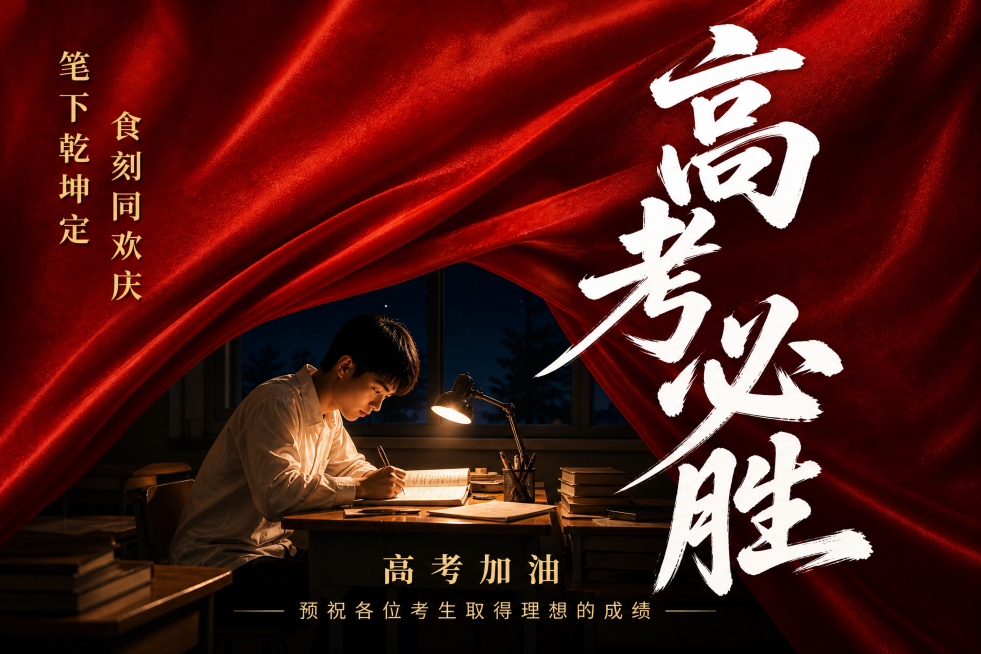 仿照参考图风格生成一张高考必胜主题海报，红色丝绒幕布背景，夜晚教室中男生在台灯下复习做题，右侧大字主标题'高考必胜'醒目突出，左侧文字'笔下乾坤定 食刻同欢庆'，底部文字'高考加油 预祝各位考生取得理预览效果