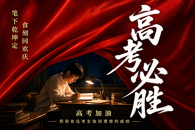 仿照参考图风格生成一张高考必胜主题海报，红色丝绒幕布背景，夜晚教室中男生在台灯下复习做题，右侧大字主标题'高考必胜'醒目突出，左侧文字'笔下乾坤定 食刻同欢庆'，底部文字'高考加油 预祝各位考生取得理想的成绩'，适配电子大屏展示，整体氛围感温暖励志