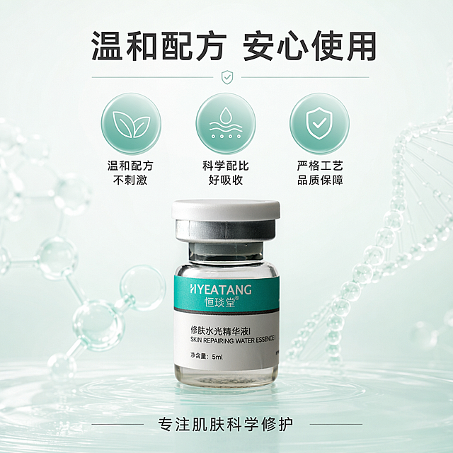 [第9屏] 安心信任背书页-展示恒琰堂修肤水光精华液的配方安全温和优势。本屏使用产品图【图3】。
[氛围/风格] 专业可信质感，信息层次丰富，不简约，干净简约设计中包含多重安全信息元素。
[元素布局] 顶部主标题，中部三个圆形安全卖点图标排列，分别标注温和配方、不添加多余刺激成分、细致工艺，下方放置产品图，产品外观细节与原图保持一致，底部增加品牌理念短句。元素排布均衡，包含图标、文字、产品多层内容，设计不单调。
[光影质感] 均匀柔光，圆形图标增加浅高光效果突出质感，产品光影通透，整体干净明亮。
[配色色系] 全局底色 #F0F8F5，圆形图标薄荷绿底色，白色图标，文字深灰，配色清新协调。
[视角构图] 上标题中卖点下产品的纵向结构，重心平稳，信息层级清晰。
[文字版式] 顶部主标题「温和配方 安心使用」，每个卖点图标配简短说明：「温和配方 不刺激」「科学配比 好吸收」「严格工艺 品质保障」，底部短句「专注肌肤科学修护」，文字大小均匀，清晰易读。
[比例分辨率] 9:16 竖版比例，4K分辨率，文字清晰可辨，高清画质。
[负向提示词] 违规绝对化用词，虚假背书，产品变形，文字错乱，构图松散。