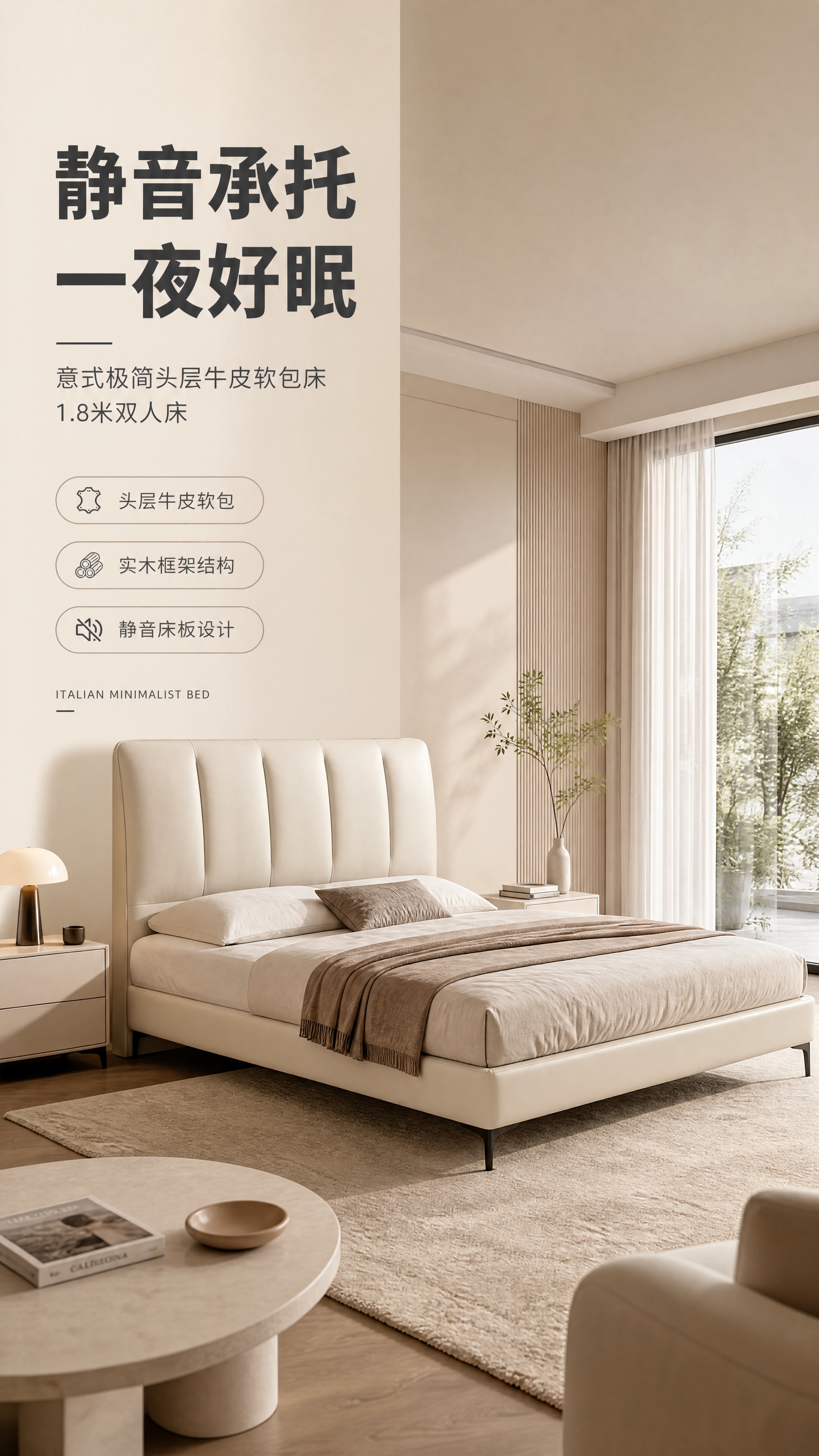 [商品] 使用【图1】意式极简软包床（7602浅米白色床头款）… - 图片创意预览
