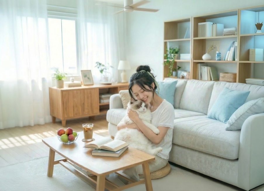 将天花板上的风扇向上移动调整位置，其他元素保持不变，整体维持清新夏日氛围感预览效果