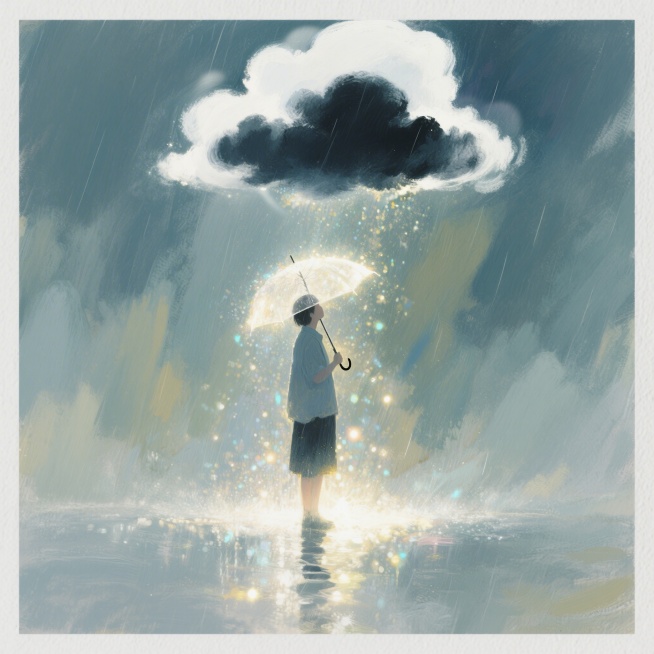 一个人站在暴雨中撑着伞，头顶只有一小片乌云，乌云旁是干净洁白的云朵，光感氛围浓厚，厚涂插画风格预览效果