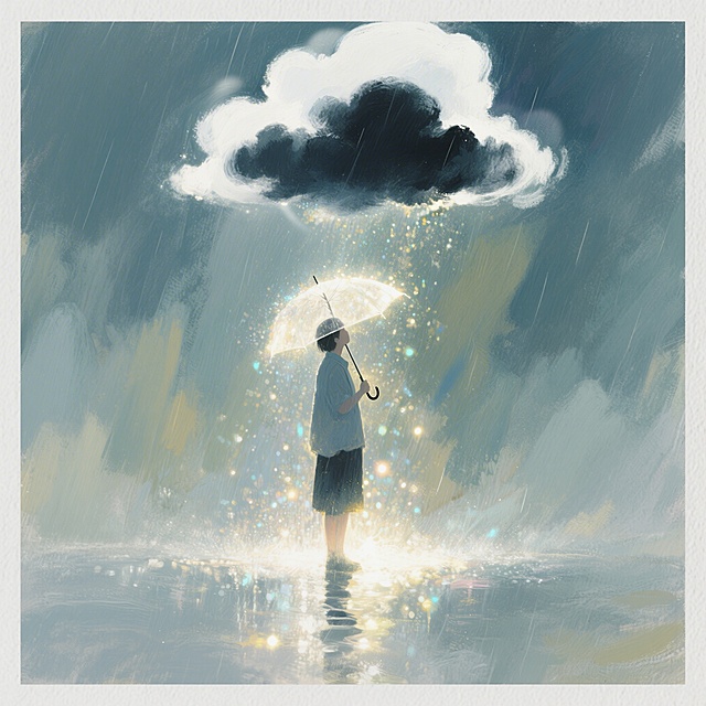 一个人站在暴雨中撑着伞，头顶只有一小片乌云，乌云旁是干净洁白的云朵，光感氛围浓厚，厚涂插画风格