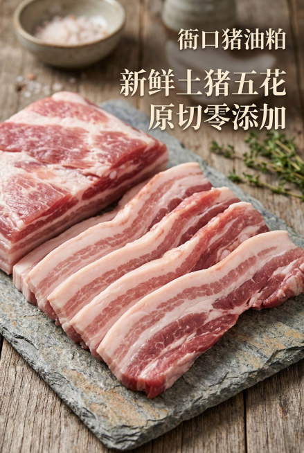 衙口猪油粕详情页图，原料展示：精选五花肉特写，搭配文字"新鲜土猪五花 原切零添加"，突出食材优质预览效果