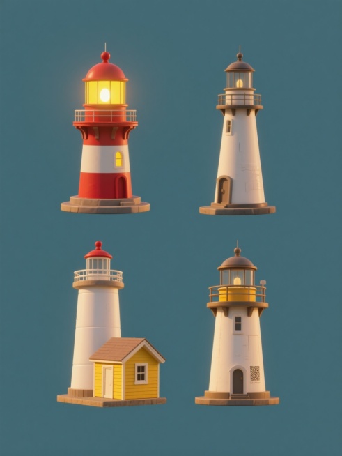 写实风格的系列灯塔素材集合，纯色背景，四个完全不同造型的灯塔元素规整排布，每个灯塔均保留灯塔主体结构特征，其中包含一座带有红色圆顶、顶部亮着黄色灯光、底部连接黄色小屋的白色圆柱形灯塔，其他三座灯塔造型各异，可能为不同塔身形状、顶部设计或附加结构，整体光影效果统一，呈现出类似原图中温暖的侧光照射质感，色彩和谐，画面简洁，无任何文字、LOGO、电话地址及二维码。预览效果