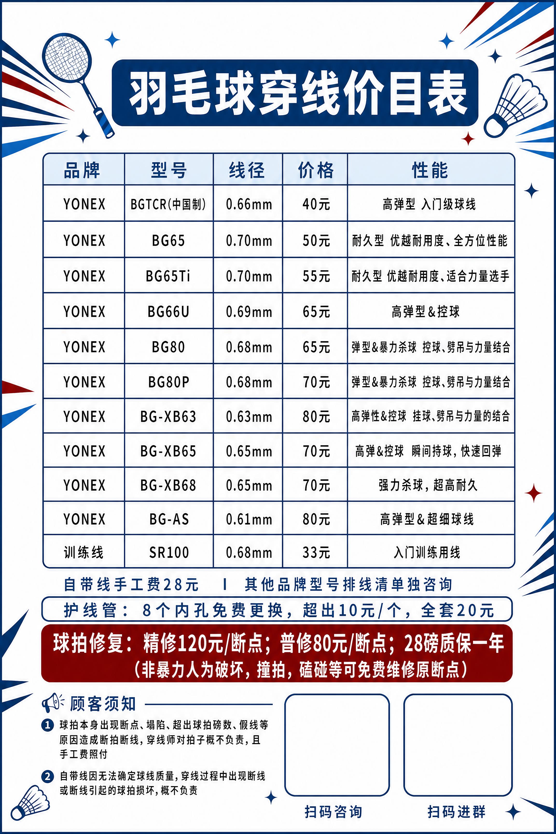 将这张羽毛球穿线价目表调整为竖版A1尺寸（594mm × 84… - 图片创意预览