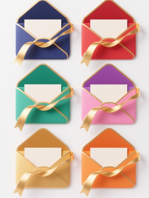 白色背景下，六个不同整体色彩的系列素材集合规整排布，每个素材均为半开的信封造型，信封内部露出一张卡片，信封边缘和卡片边缘有金色描边装饰，信封外部缠绕着飘逸的金色丝带，保持3D立体风格、平滑渐变质感、清晰光影效果和简约构图，整体呈现出精致、正式且具有统一设计感的视觉效果，色彩分别为深蓝与金色、红色与金色、绿色与金色、紫色与金色、粉色与金色、橙色与金色，所有元素排布整齐有序，无任何文字信息。预览效果