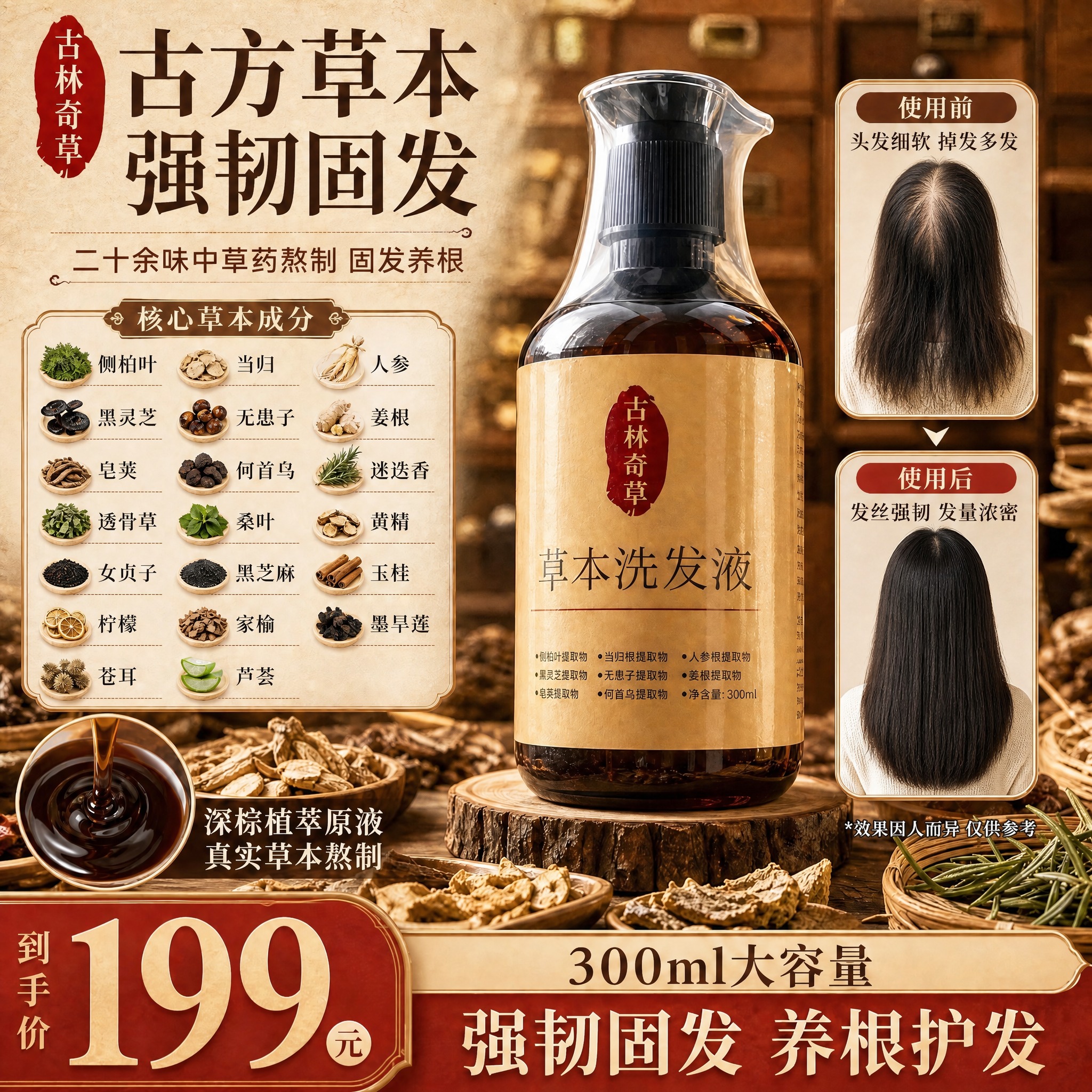 [修改重绘] 基于参考图修改古林奇草草本洗发液主图 核心功效改… - 图片创意预览