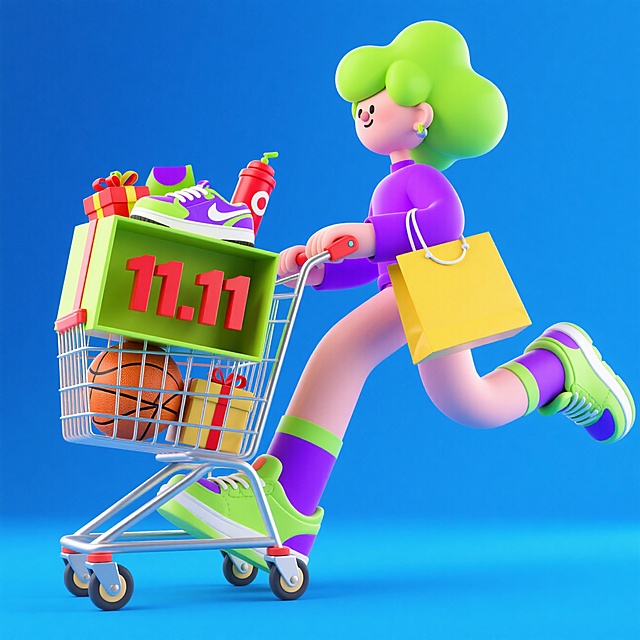 软3D风格卡通人物推购物车，拟人化设计充满趣味感与可爱感，塑料质感搭配鲜艳色彩，突出11.11促销主题，体积感十足。