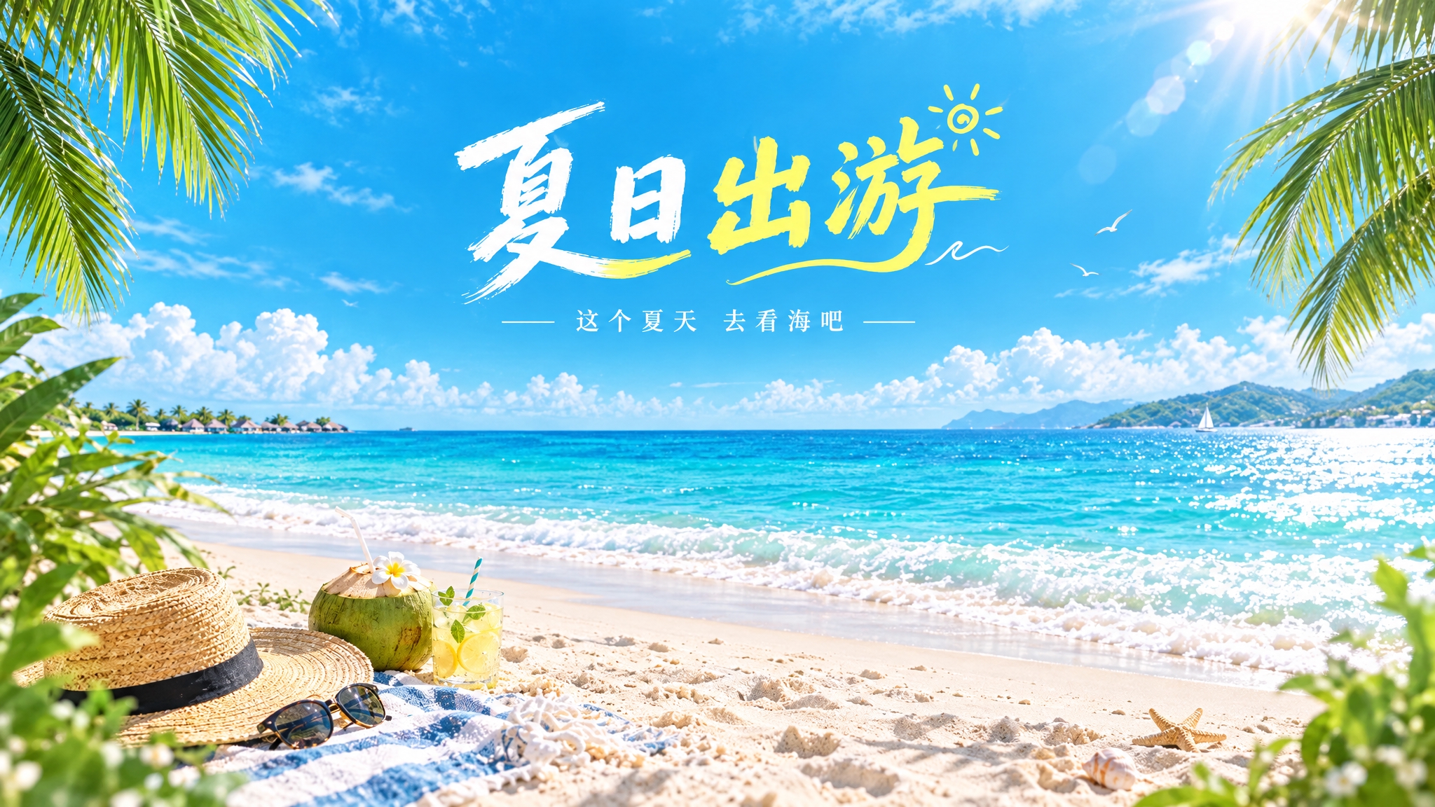 在图1的基础上改为16:9横版构图：保持原有的夏日出游海报风格… - 图片创意预览