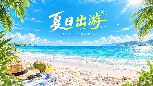 在图1的基础上改为16:9横版构图：保持原有的夏日出游海报风格不变，保留画面上方黄白笔刷艺术字文案“夏日出游”及下方小字文案“这个夏天 去看海吧”，保留椰林叶片、碧蓝海水、白色沙滩、草帽与椰子饮品等元素。将画面扩展为横向延展的海岸风景，左右两侧补充更多棕榈叶与沙滩细节，海平面与天空占比更开阔，文字居中偏上排布，整体色彩保持清爽的青蓝与明黄色调，光影柔和通透。