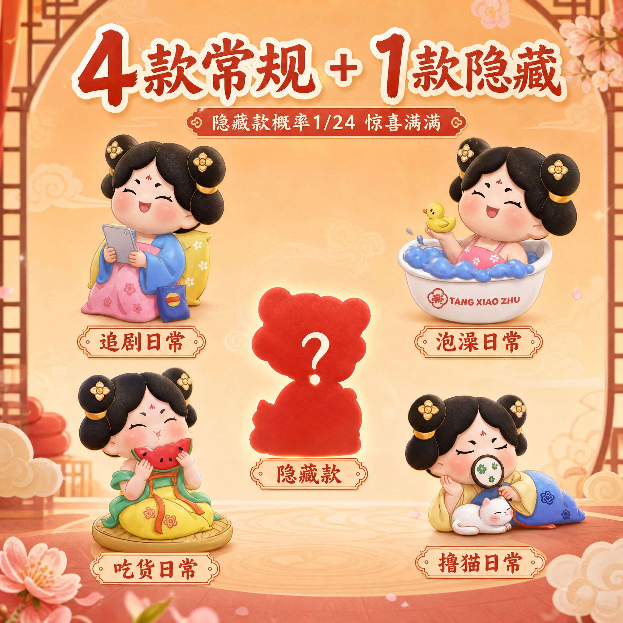 [主图-2] 唐小主盲盒款式展示图，展示4款常规款+隐藏款，突… - 图片创意预览