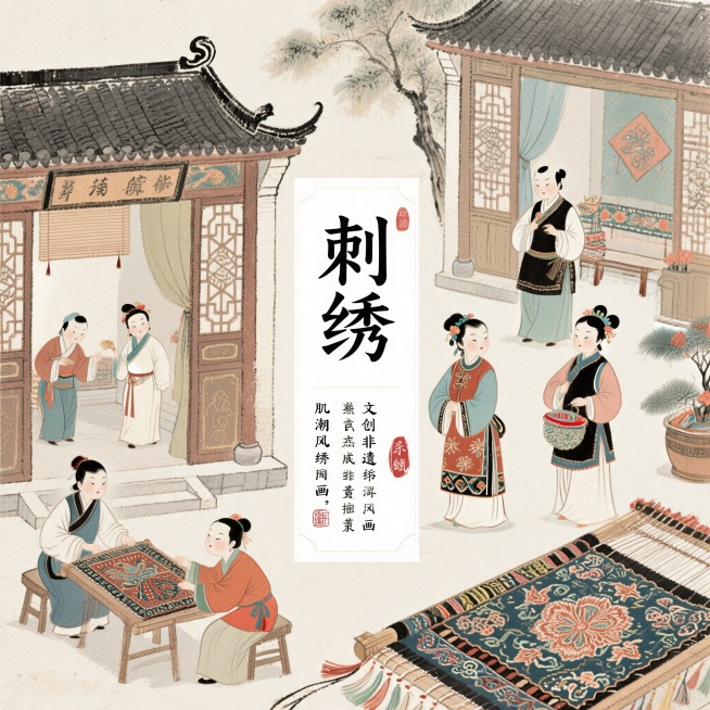 原创非遗刺绣主题国风插画，包含传统民俗人物，搭配传统纹样和古风场景，整体为国潮新中式美学风格，版式松弛留白舒适，只保留主标题文字"刺绣"，色彩统一有系列感，手绘插画风格预览效果