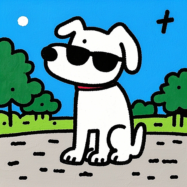 小狗蹲着，戴着墨镜，背景公园