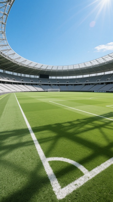 超广角写实摄影，明亮阳光照耀下的现代化足球体育场，绿茵茵的标准足球场草坪，清晰的白色线条，巨大的圆形钢结构屋顶，看台上整齐排列的灰色座椅，晴朗无云的蓝天，阳光在草坪上投下的清晰阴影，整体呈现出开阔、专业、充满活力的氛围。预览效果