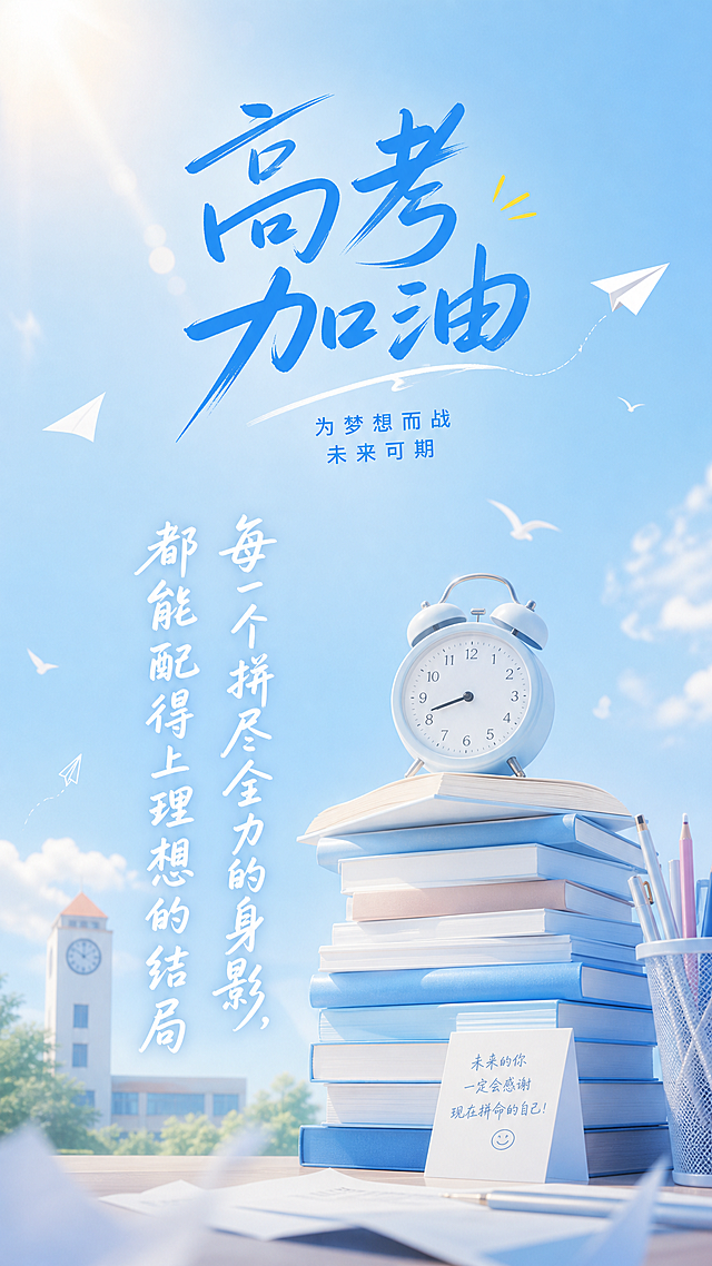 一张励志高考主题竖版海报，背景采用简约干净的浅蓝色渐变，画面中包含高考相关元素，阳光明亮氛围感，下方放置竖排白色手写体文字："每一个拼尽全力的身影，都能配得上理想的结局"，字体轻盈松弛，笔画圆润自然，带有轻微连笔感，文字清晰完整不裁切，四周留有安全边距，整体积极向上充满力量感。