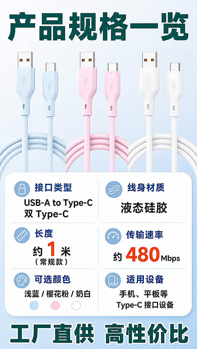 [商品] 使用【图1】液态硅胶快充数据线；保留浅蓝色、粉色、白色三款颜色线身与接头结构，保留 USB-A to Type-C 和双 Type-C 两种接口组合；去除原图顶部品牌文字，产品本体外观不变。
[画面] 目标：产品信息与规格总览（最后一张），清晰展示型号、颜色、参数。构图：上方放三色数据线全家福横排展示（浅蓝/粉/白），占画面约 40%；下方放清晰的参数信息卡，分块展示，字大易读。背景：浅蓝白渐变，信息卡用白底圆角粗边。
[视觉] 套系策略：风格=拼多多大字报风格，简单粗暴高对比，手机端快速阅读；标题字=超粗黑体，字号极大；正文字=粗黑体，字号偏大；主色=浅蓝（取自产品）；背景延展=浅蓝到白色渐变、同色系深浅卡片、柔和光影；强调色=橙红色，仅用于重点数字和利益标签；标题色=深墨绿/深青；正文色=深灰；组件=圆角粗边信息卡、粗体卖点胶囊、大字号数字标签；光影=正面柔光，产品清晰。
[文字] 顶部超大标题："产品规格一览"；下方分块信息卡，每块标题加粗：
【接口类型】USB-A to Type-C / 双 Type-C
【线身材质】液态硅胶
【长度】约 1 米（常规款）
【传输速率】约 480Mbps
【可选颜色】浅蓝 / 樱花粉 / 奶白
【适用设备】手机、平板等 Type-C 接口设备
底部加一行大字："工厂直供 高性价比"。文字全部横排，信息清晰，手机端可读。
[规格] 单屏比例 9:16 竖版，分辨率 4K，拼多多风格，避免文字过小、竖排文字、产品变形、颜色改变、出现平台 Logo 水印、极限词、虚假承诺。