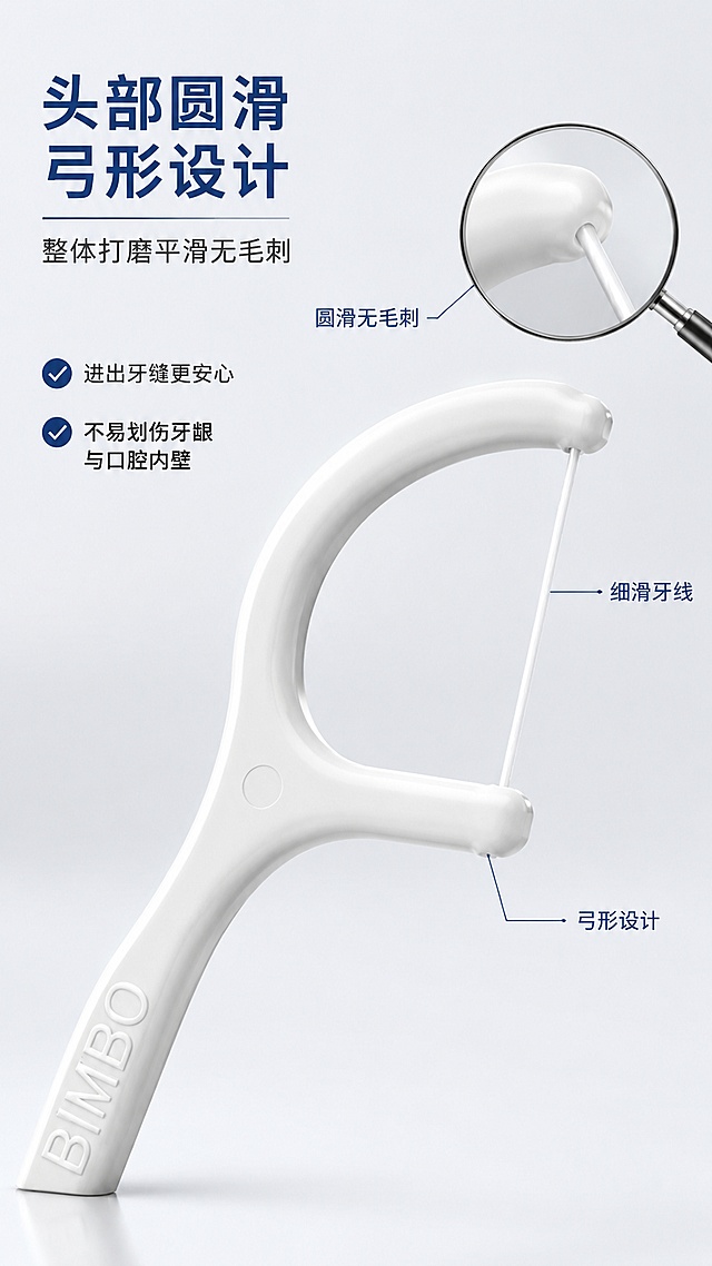 [第9屏] 细节①头部设计-圆滑弓形设计。本屏使用【图2】牙线棒头部特写。
[氛围/风格] 微距细节风，浅灰背景，科技质感，产品细节展示。
[元素布局] 牙线棒头部弓形部分放大特写，占据画面中央偏右，占比约50%，清晰展示圆滑的弓形轮廓和细滑牙线；左侧为细节说明区；背景为浅灰色渐变，底部有轻微反光；用放大镜/圆圈标注头部圆滑无毛刺的细节；产品结构、颜色与输入图一致。
[光影质感] 侧上方柔光，突出产品边缘的圆滑弧度，牙线部分有细微高光，整体清晰锐利。
[配色色系] 全局底色 #F8FAFC 浅灰白；主色白色产品；辅助色深蓝、浅灰、银色高光。
[视角构图] 产品头部特写，居中偏右，左侧文字说明，阅读动线左上标题 → 中部产品细节 → 底部说明。
[文字版式] 左上大标题「头部圆滑弓形设计」深蓝色粗体；副标题「整体打磨平滑无毛刺」。下方两个对勾图标+文字：「进出牙缝更安心」「不易划伤牙龈与口腔内壁」。右侧产品旁用引出线标注「圆滑无毛刺」「细滑牙线」「弓形设计」。
[比例分辨率] 9:16竖版比例，4K分辨率，文字清晰可辨，高清画质。
[负向提示词] 产品变形，结构错误，文字错乱，水印，颜色偏差，背景杂乱，细节模糊。