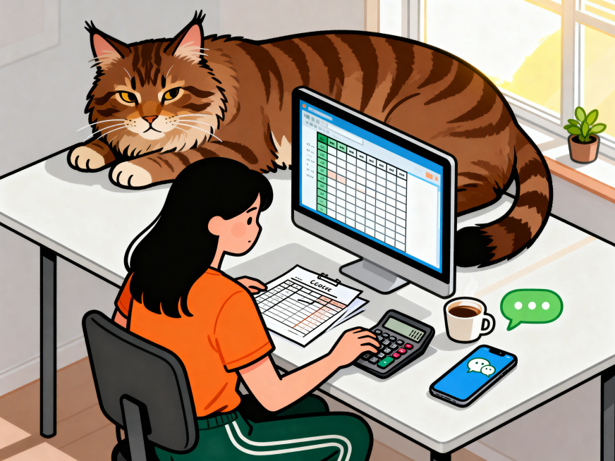 现代极简扁平插画风，矢量图，干净利落的细黑描边，无渐变无阴影，纯色填充。画面主体是一位温柔的职场妈妈，长发，身穿暖橙色T恤加深绿色休闲裤，坐在办公桌前，面前摊开着工资表和计算器，用简笔画线条绘制。电脑预览效果