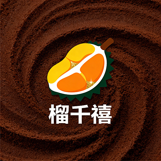 再次全新设计"榴千禧"高端饮品logo，去掉咖啡杯，将猫山王榴莲形态与咖啡香气进行创意抽象融合，严格遵循配色：深棕色咖啡主色、橙黄色榴莲果肉色、深绿色细节轮廓、金色高光点缀，设计区别于所有过往版本，保持高端简洁辨识度