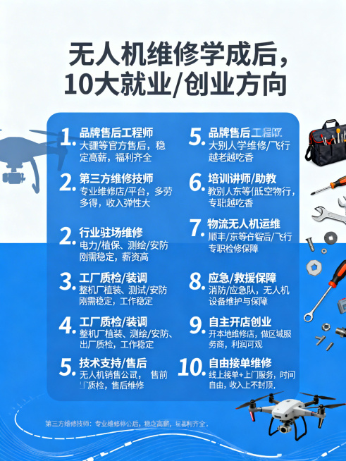 一张无人机维修就业创业方向宣传图，画面上方有醒目标题“无人机维修学成后，10大就业/创业方向”，下方清晰列出10个方向：1. 品牌售后工程师：大疆等官方售后，稳定高薪，福利齐全；2. 第三方维修技师：预览效果