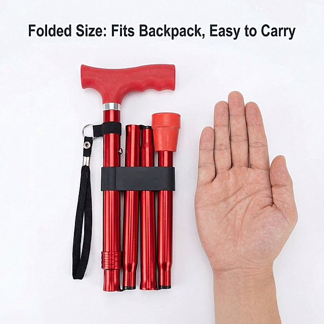 Folded size comparison display of folding walking cane, replace the original mobile phone with an open human palm as size reference, intuitively show the compact size of folded cane against the palm, keep the original product, title text 'Folded Size: Fits Backpack, Easy to Carry' and clean white background, just replace the phone with a palm, keep the original layout and style, the palm is naturally placed next to the folded cane to show size contrast