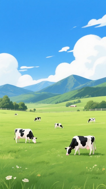 一幅牧场主题的插画，画面中有一片广阔的绿色草地，草地上有几只黑白相间的奶牛在悠闲地吃草，远处是连绵起伏的山脉，天空湛蓝，飘着几朵白云，整体风格清新自然，充满了田园气息。预览效果