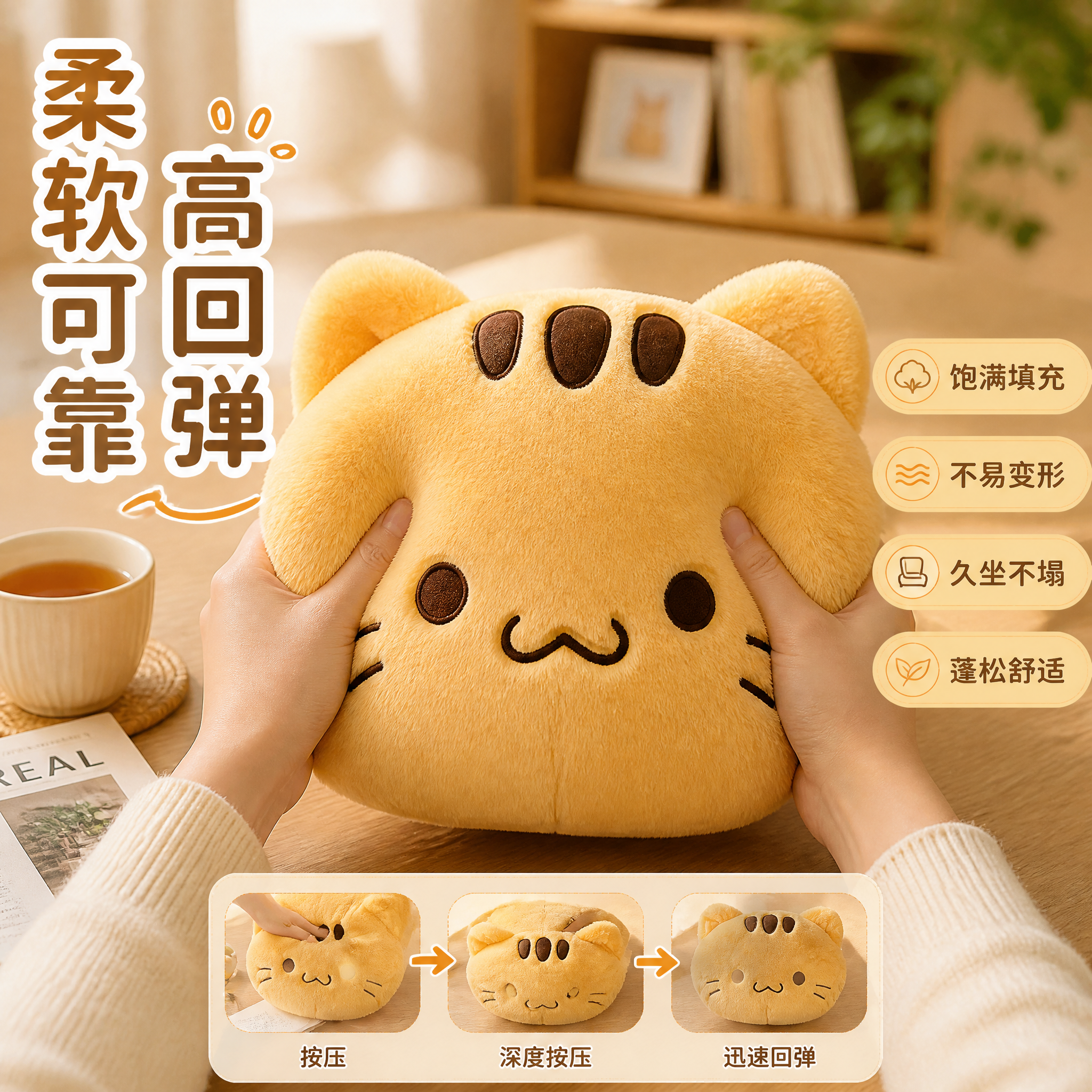 [主图-4] 黄猫头抱枕 柔软回弹展示 品质型主图。[统一基调… - 图片创意预览