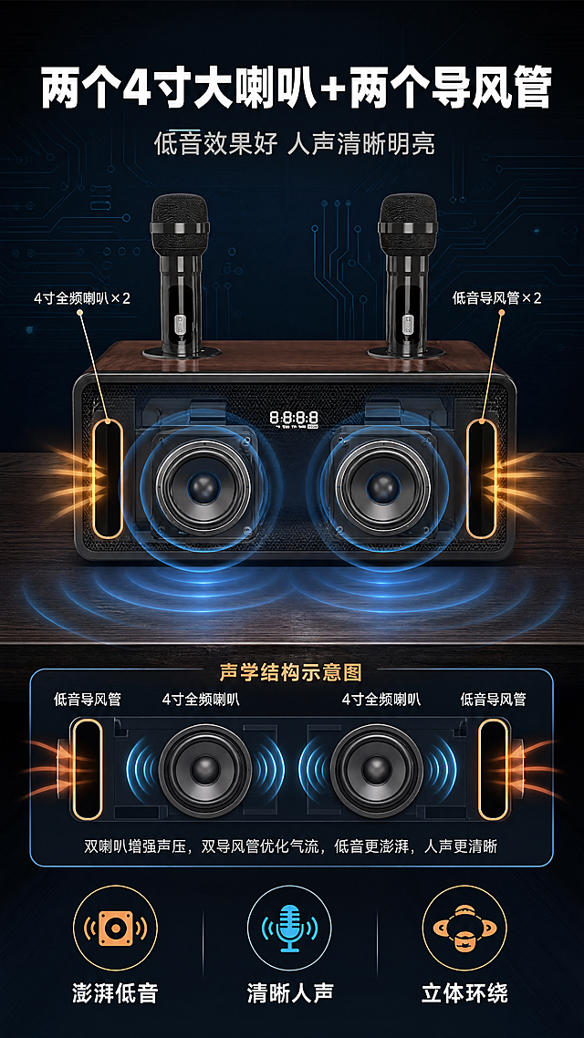 [商品] 使用【图3】闻歌N-S10S家庭KTV音响正面图；保留木纹箱体、黑色网罩、双麦克风、白色数字显示屏的结构、颜色、材质和比例；产品原貌不变，做声学结构示意叠加。
[画面] 目标：核心技术-声学结构，解释双喇叭+双导风管的音质原理。构图：上标题+中产品主体+下结构示意；产品正面位于画面中央，网罩区域做半透明剖视效果，展示内部两个4寸喇叭单元和两侧导风管；声波波纹从喇叭向四周扩散；背景为深色科技感，带电路板纹理暗纹。
[视觉] 套系策略：风格=国内数码家电商业精修风，科技感+温馨家居结合；标题字=思源黑体粗体，大字厚重；正文字=思源黑体常规，清晰易读；主色=深棕木纹色+黑色；背景延展=深炭灰+深蓝黑科技渐变背景，细腻电路纹理暗层；强调色=科技蓝+暖橙色，用于声波、引线、高亮标签；标题色=白色；正文色=浅灰；组件=细线引线标注、发光声波、半透明剖视层；光影=产品正面主光，内部结构发光效果。
[文字] 顶部主标题"两个4寸大喇叭+两个导风管"（白色粗体大字）；副标题"低音效果好 人声清晰明亮"（浅灰色小字）；产品两侧用细线引出标注："4寸全频喇叭×2""低音导风管×2"；底部3个小图标+文字："澎湃低音""清晰人声""立体环绕"；所有文字横排。
[规格] 图片比例9:16竖版，4K，负向提示：避免产品变形、错字乱码、文字过小、喇叭数量错误、导风管位置错误、商品颜色改变、纯白底。