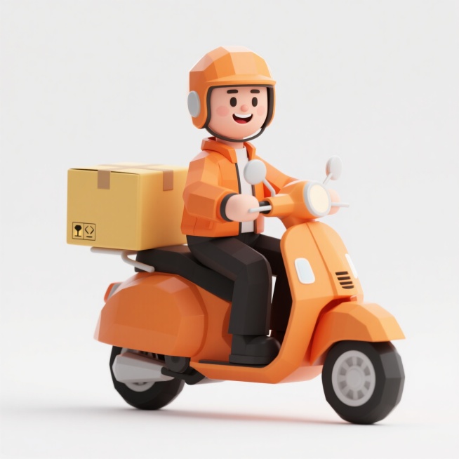 3D卡通风格快递员形象，橙色摩托车，黄色方形快递箱，穿着橙色外套和头盔，黑色裤子，面部微笑表情，白色背景，低多边形建模，平滑表面质感，明亮光线，无阴影，正面视角，简约设计，卡通渲染效果预览效果