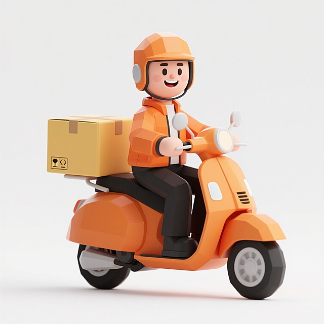3D卡通风格快递员形象，橙色摩托车，黄色方形快递箱，穿着橙色外套和头盔，黑色裤子，面部微笑表情，白色背景，低多边形建模，平滑表面质感，明亮光线，无阴影，正面视角，简约设计，卡通渲染效果