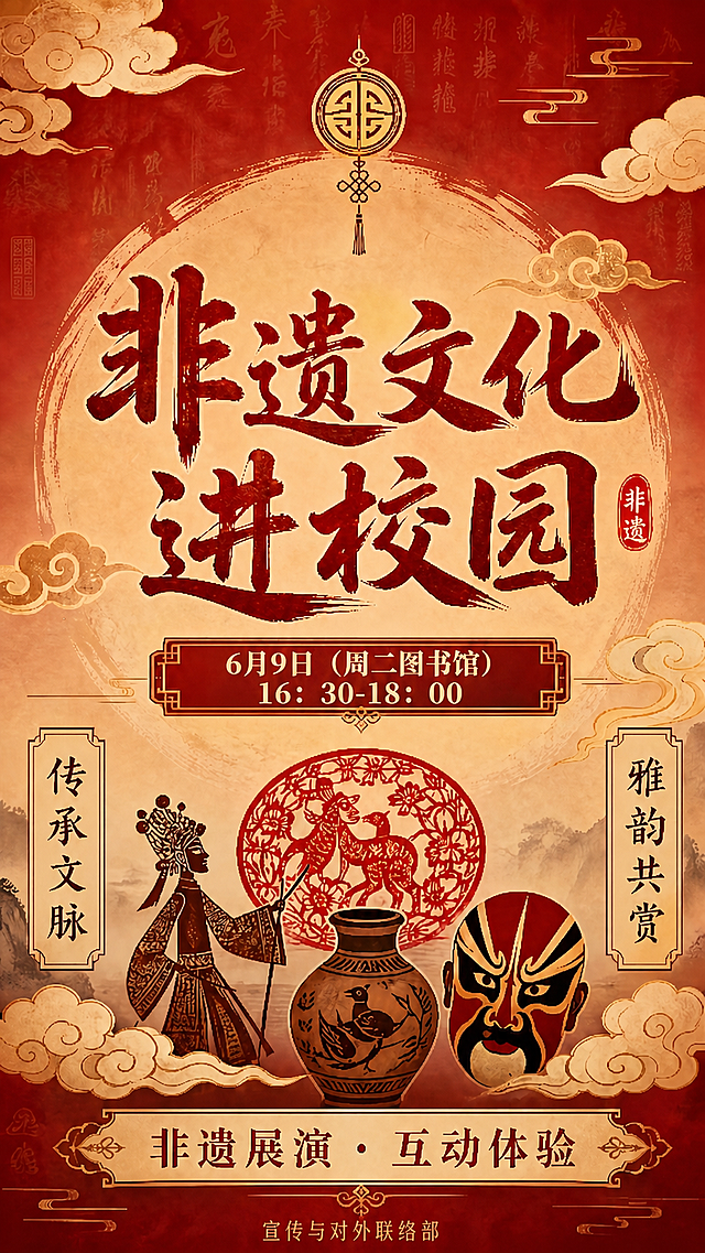 在已有非遗文化进校园海报基础上，保持原构图与风格（红金国风、祥云、剪纸、皮影、陶罐、脸谱等元素），仅在画面最底部居中位置添加小号文字“宣传与对外联络部”，字体清晰可辨但不过大，不遮挡下方“非遗展演·互动体验”横幅，整体协调统一。