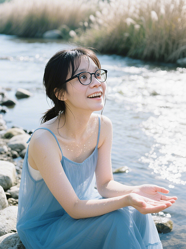 水彩风与胶片风交织，清新淡雅的蓝裙少女坐于溪畔，光影斑驳间流露温柔文艺感，自然实景中尽显清透柔和之美。