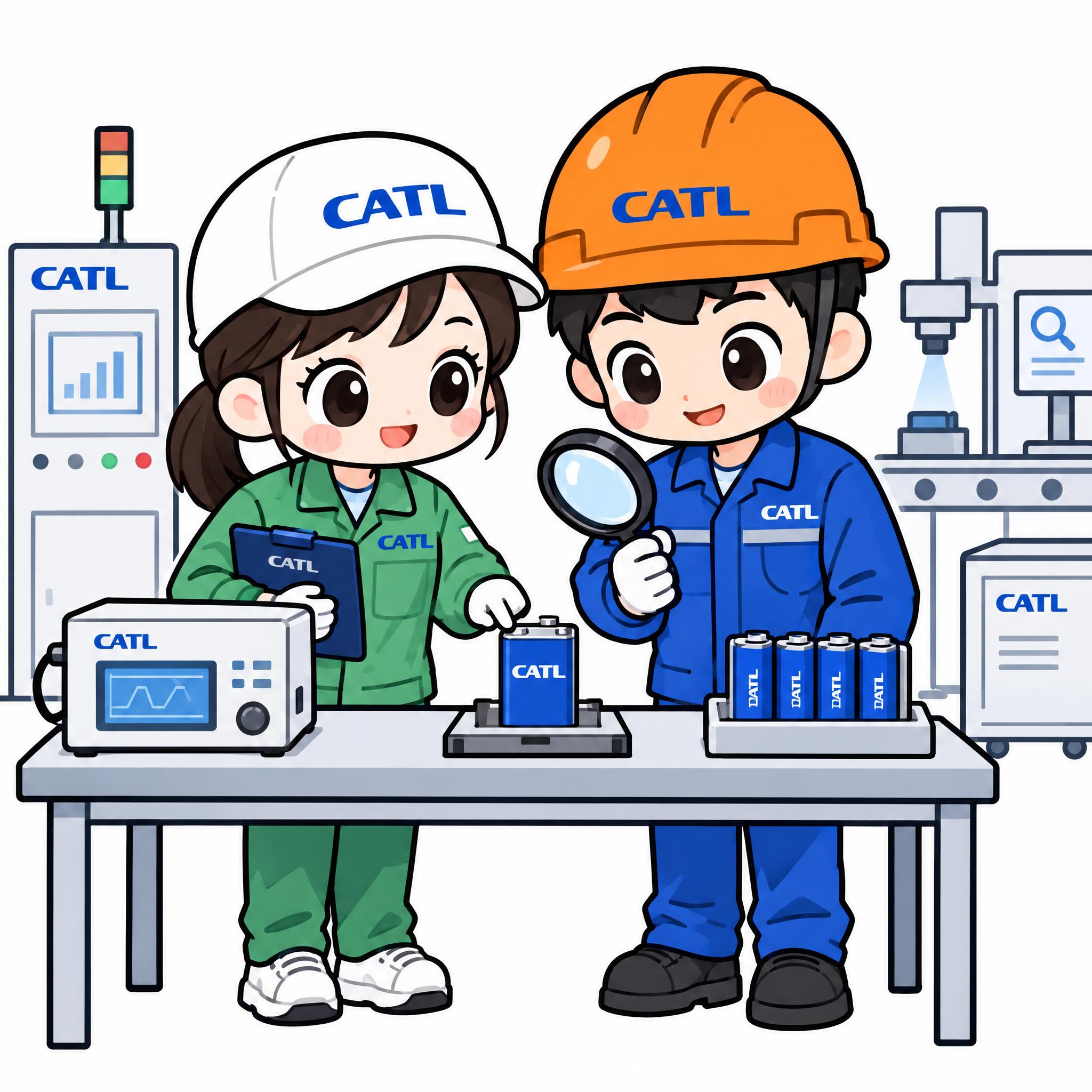 Q版可爱卡通双人组合，CATL质检场景，左边女生戴白色鸭舌帽穿… - 图片创意预览