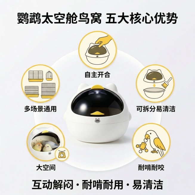 萌趣科技养宠风，严格还原鹦鹉太空舱鸟窝，产品尺寸比例1:1。主视觉：米白色鸟窝居中展示，周围环绕5个核心卖点图标，自主开合、可拆分易清洁、耐啃耐咬、大空间、多场景通用，图标为米白+黄配色，背景为浅白渐预览效果