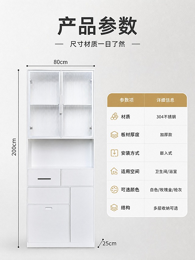 [商品] 使用【图1】白色长虹玻璃高柜款不锈钢壁龛正视图；保留完整结构与白色外观；用于参数标注。
[画面] 页面目标：规格参数收口，最后一张展示完整尺寸与材质参数。构图：左侧产品正视图，带尺寸引线标注总高、总宽、深度；右侧参数表格，列出材质、板材厚度、安装方式、适用空间、颜色可选等信息；顶部主标题；背景为浅灰渐变+细腻纹理。
[视觉] 套系策略：风格=现代简约专业参数页；标题字=现代无衬线粗黑体；正文字=简洁无衬线体；主色=白色+高级灰；背景延展=浅灰渐变、白底参数表；强调色=香槟金，仅用于表头；标题色=深炭灰；正文色=深灰/中灰；组件=细线尺寸引线、圆角参数表、分隔线；光影=正前均匀柔光，产品清晰无畸变。
[文字] 顶部主标题「产品参数」，副标题「尺寸材质一目了然」；参数表包含：「材质：304不锈钢」「板材厚度：加厚款」「安装方式：嵌入式」「适用空间：卫生间/浴室」「可选颜色：白色/玫瑰金/枪灰」「结构：多层收纳可选」；文字均横排，表格清晰可读。
[规格] 比例3:4竖版，2K分辨率；负向：变形、错字、糊字、尺寸标注不清、参数表杂乱、产品比例失调、水印。